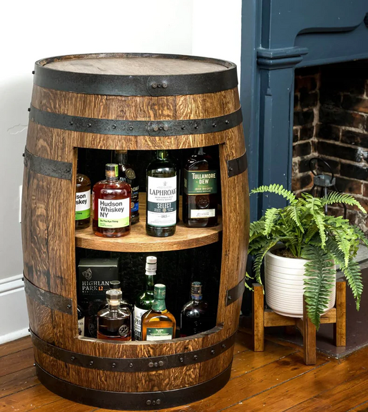 Refurbished Whiskey Barrel Open Display Cabinet With Lights