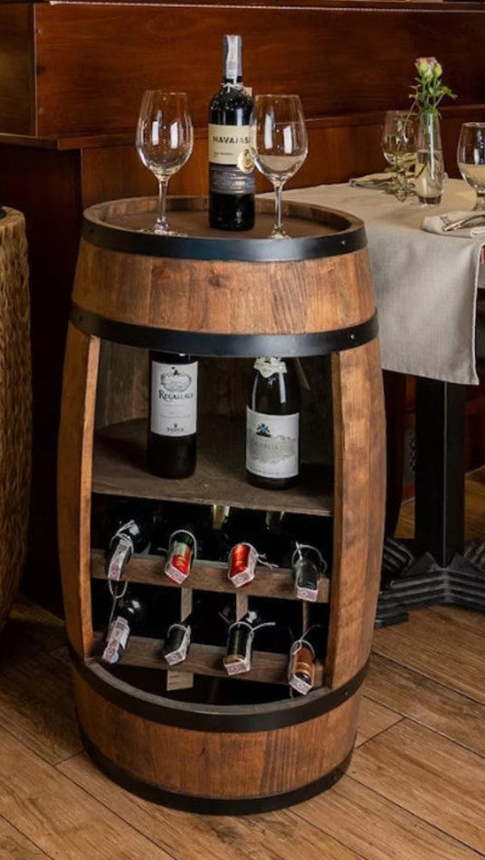 Handmade Wooden barrel cabinet, wine rack with shelf