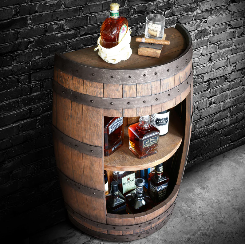 Whiskey Barrel - Half Barrel Opened Cabinet - Whiskey Barrel Liquor Cabinet