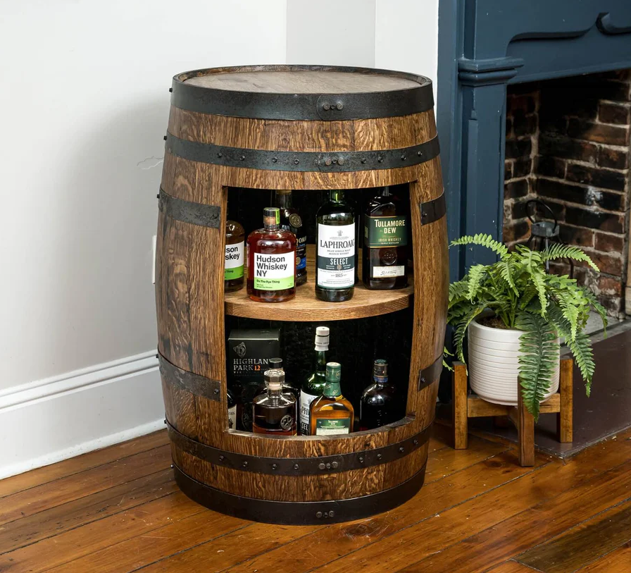 Refurbished Whiskey Barrel Open Display Cabinet With Lights